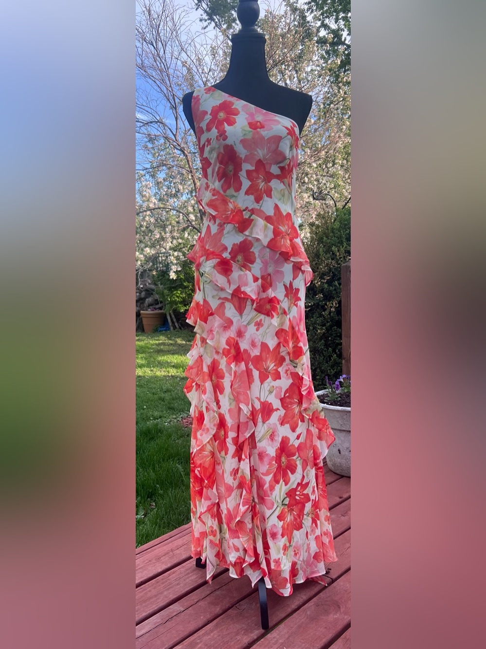 Ever New One-Shoulder Floral Ruffle Maxi Dress in Coral and White